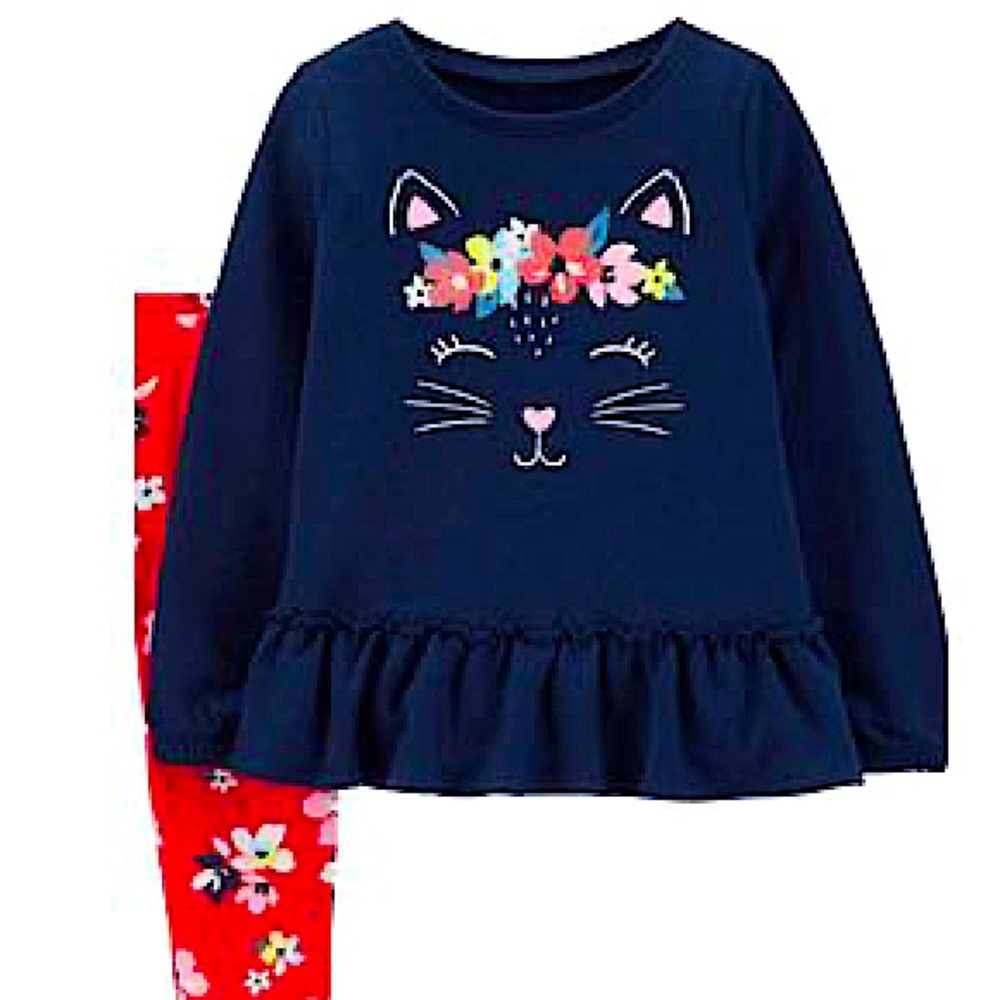 6M Carter's Carters Infant Girls Red Blue Kitty Cat Baby Outfit Pants Shirt Set - Picture 3 of 4